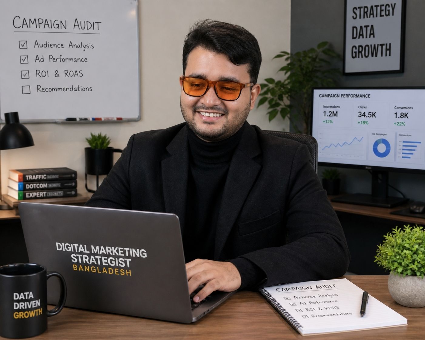 Digital marketing strategist in Bangladesh auditing campaign data on laptop
